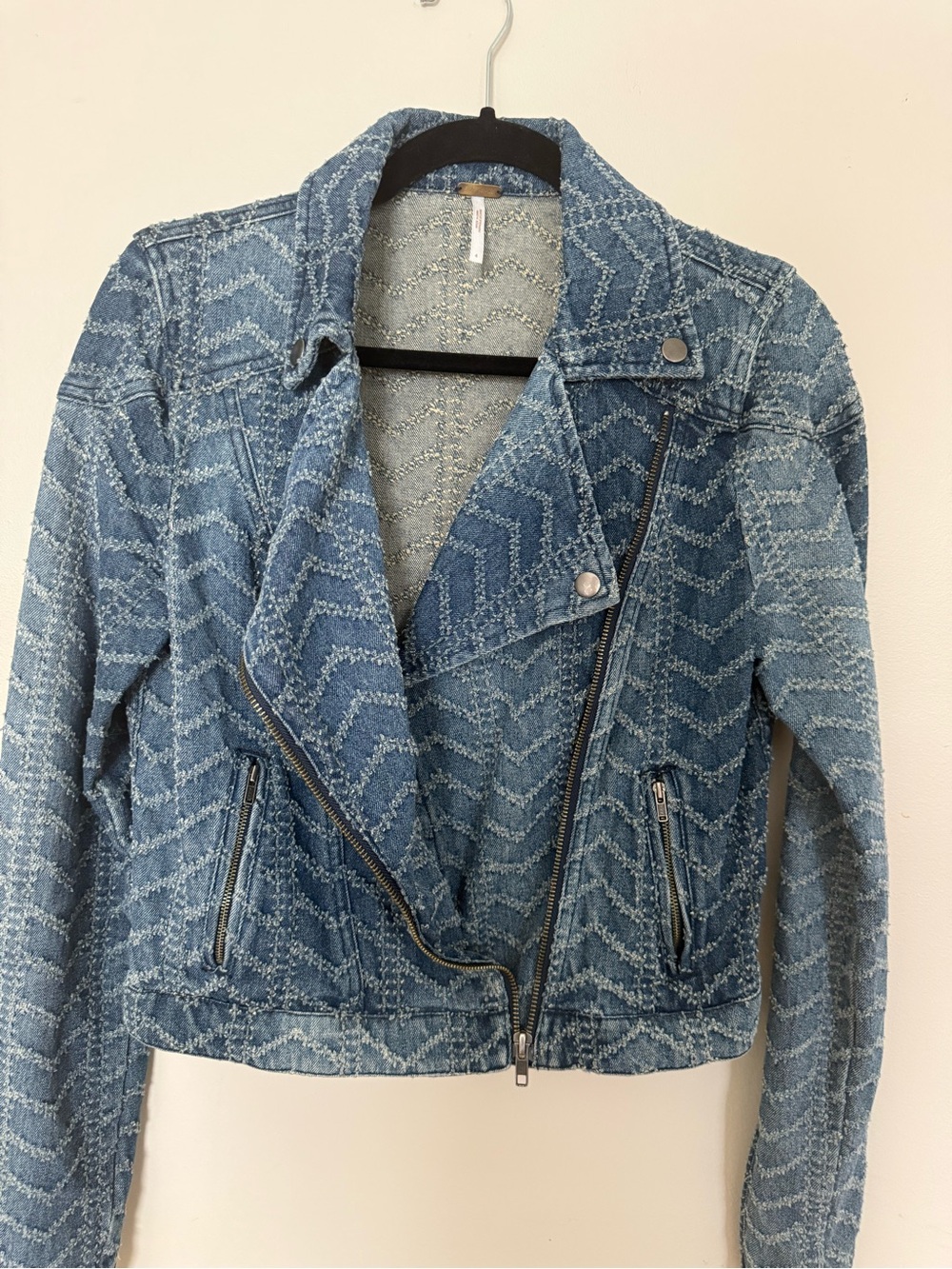 Free People Blue Chevron Denim Moto Jacket - Picture 4 of 5